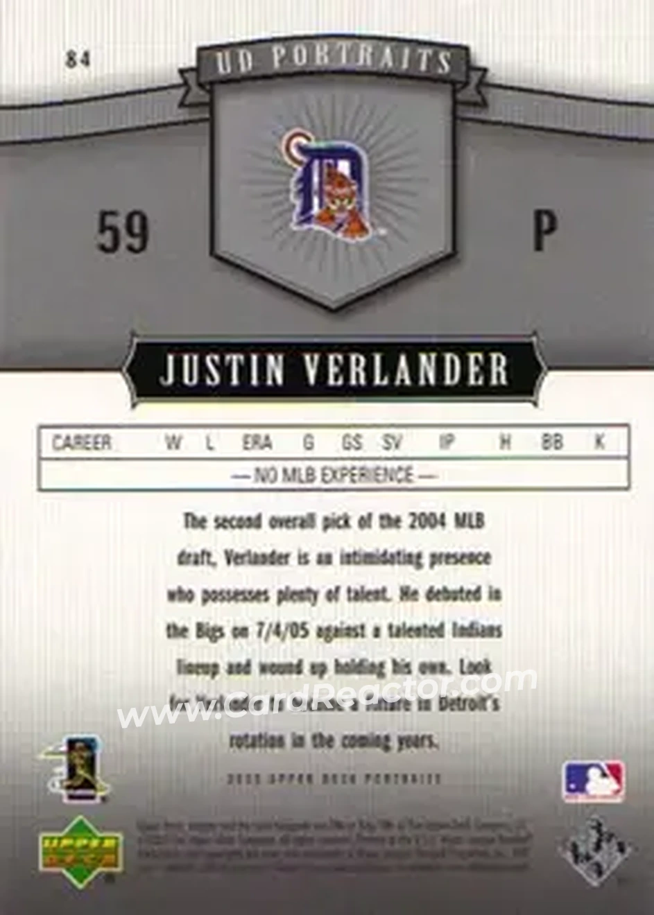 2005 Upper Deck Portraits #84 - Justin Verlander - Detroit Tigers - Back