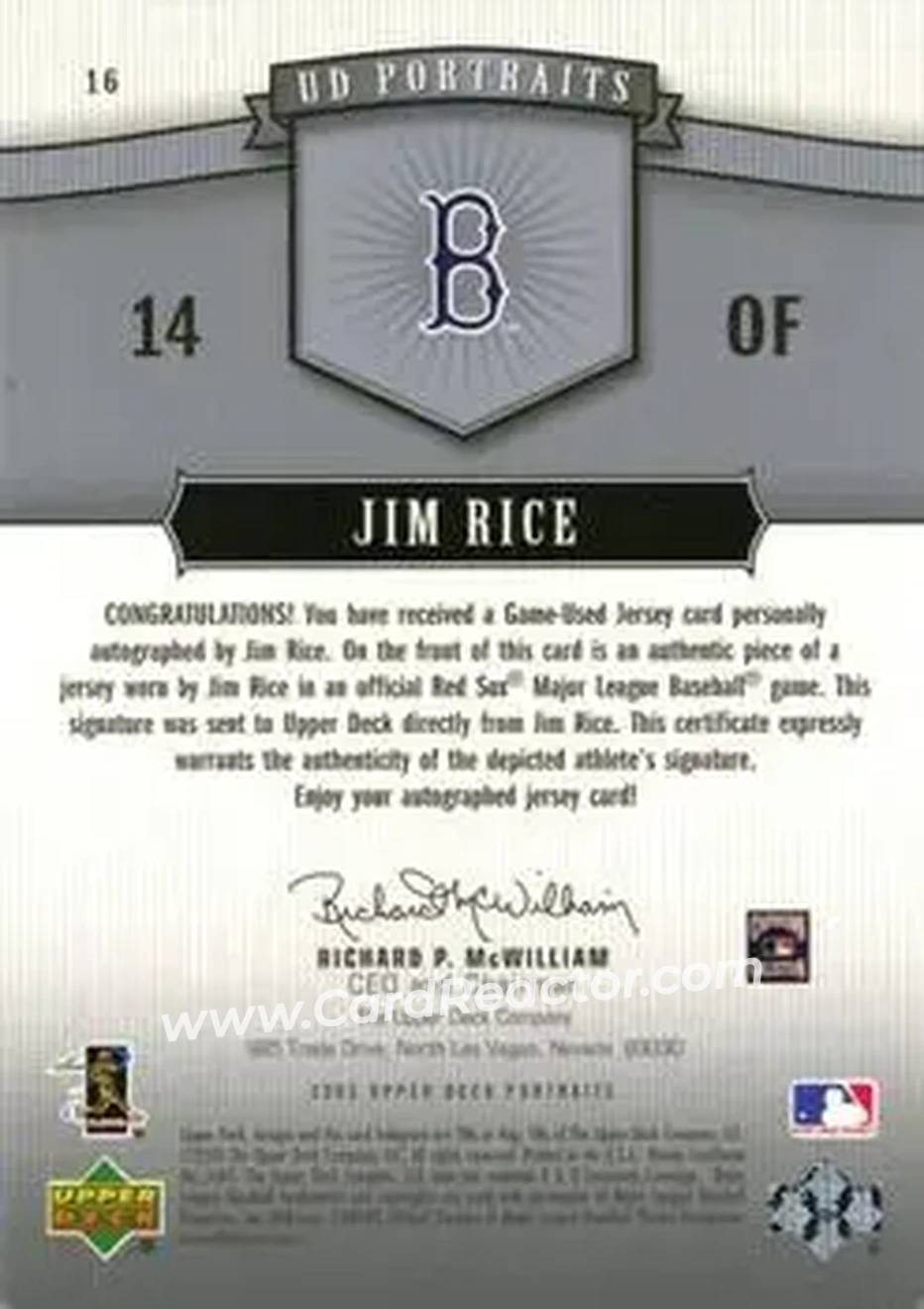 2005 Upper Deck Portraits - Auto Jersey Platinum #16 - Jim Rice - Boston Red Sox - Back