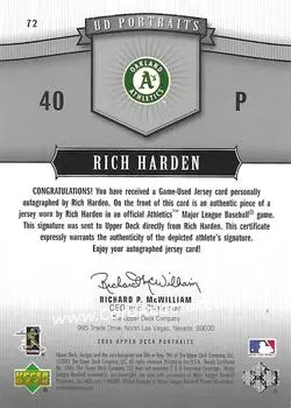 2005 Upper Deck Portraits - Auto Jersey Platinum #72 - Rich Harden - Oakland Athletics - Back 2005 Upper Deck Portraits - Auto Jersey Platinum #72 - Rich Harden - Oakland Athletics - Back