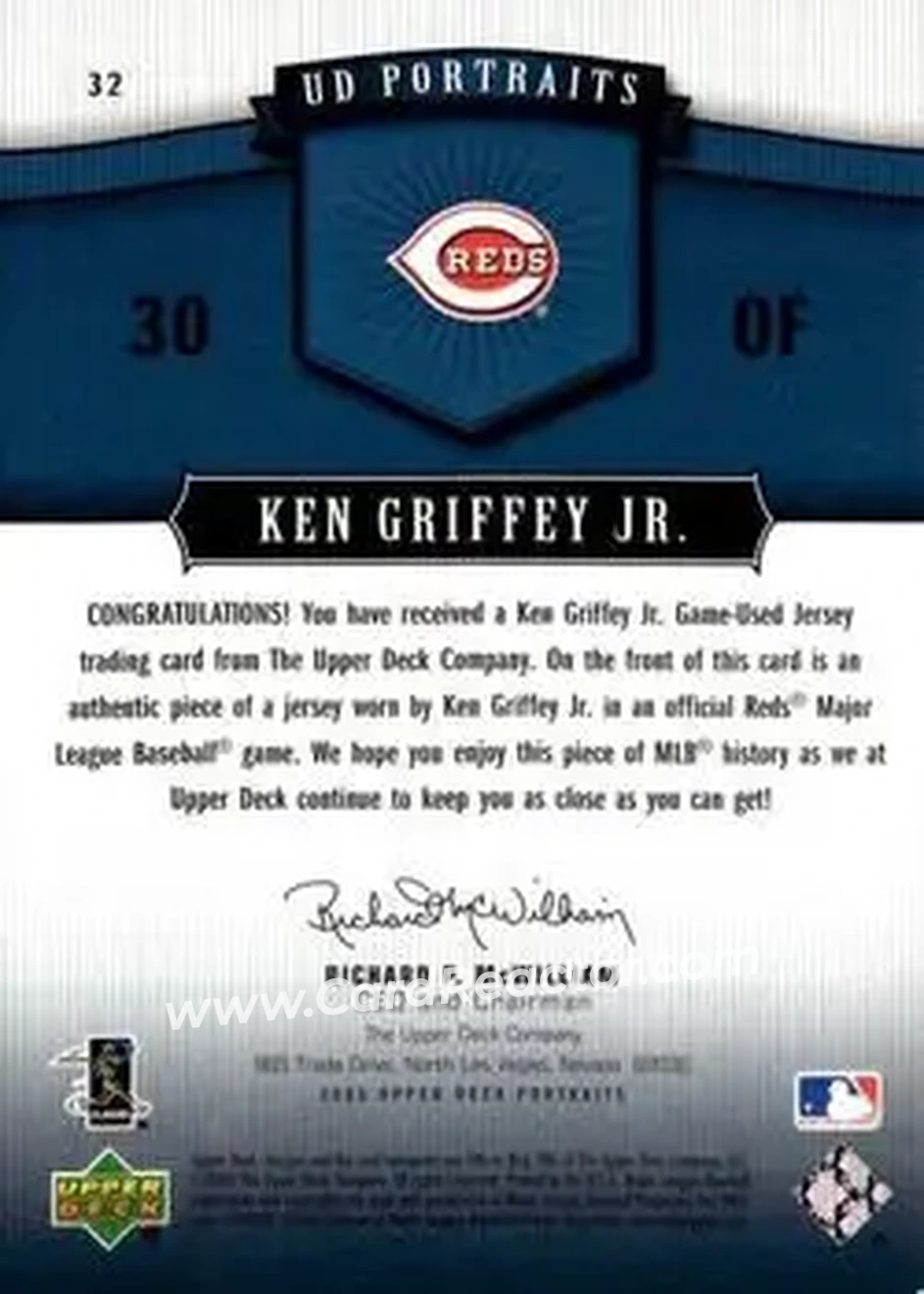2005 Upper Deck Portraits - Jersey Blue #32 - Ken Griffey Jr. - Cincinnati Reds - Back 2005 Upper Deck Portraits - Jersey Blue #32 - Ken Griffey Jr. - Cincinnati Reds - Back