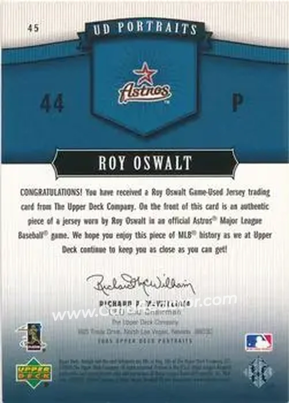 2005 Upper Deck Portraits - Jersey Blue #45 - Roy Oswalt - Houston Astros - Back 2005 Upper Deck Portraits - Jersey Blue #45 - Roy Oswalt - Houston Astros - Back