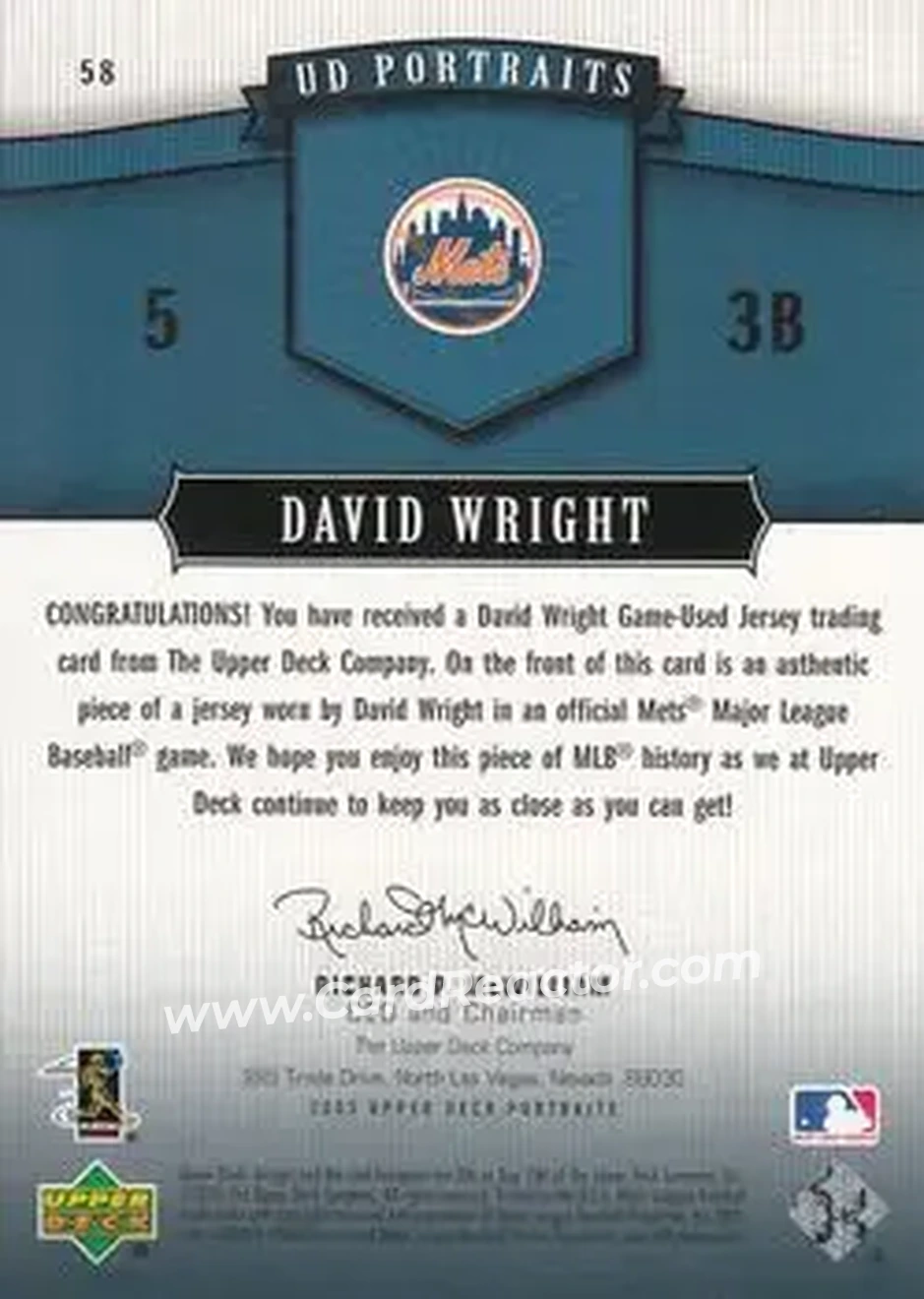 2005 Upper Deck Portraits - Jersey Blue #58 - David Wright - New York Mets - Back