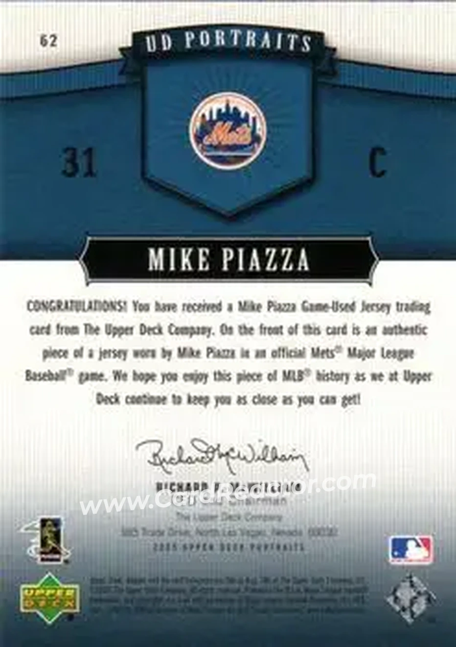 2005 Upper Deck Portraits - Jersey Blue #62 - Mike Piazza - New York Mets - Back