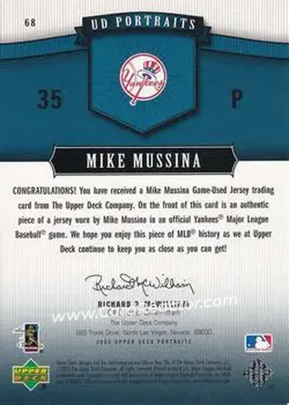 2005 Upper Deck Portraits - Jersey Blue #68 - Mike Mussina - New York Yankees - Back