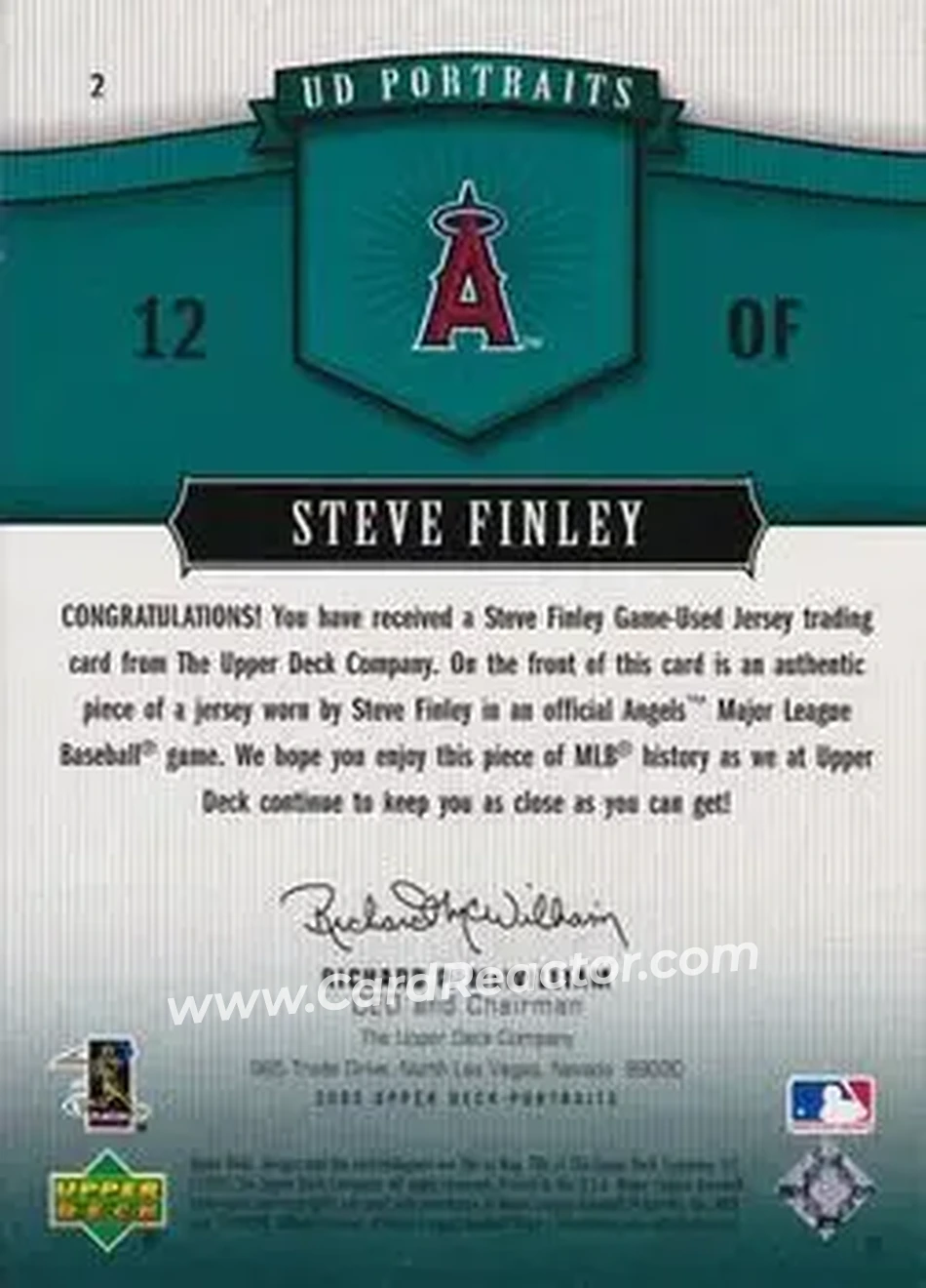 2005 Upper Deck Portraits - Jersey Emerald #2 - Steve Finley - Los Angeles Angels - Back 2005 Upper Deck Portraits - Jersey Emerald #2 - Steve Finley - Los Angeles Angels - Back