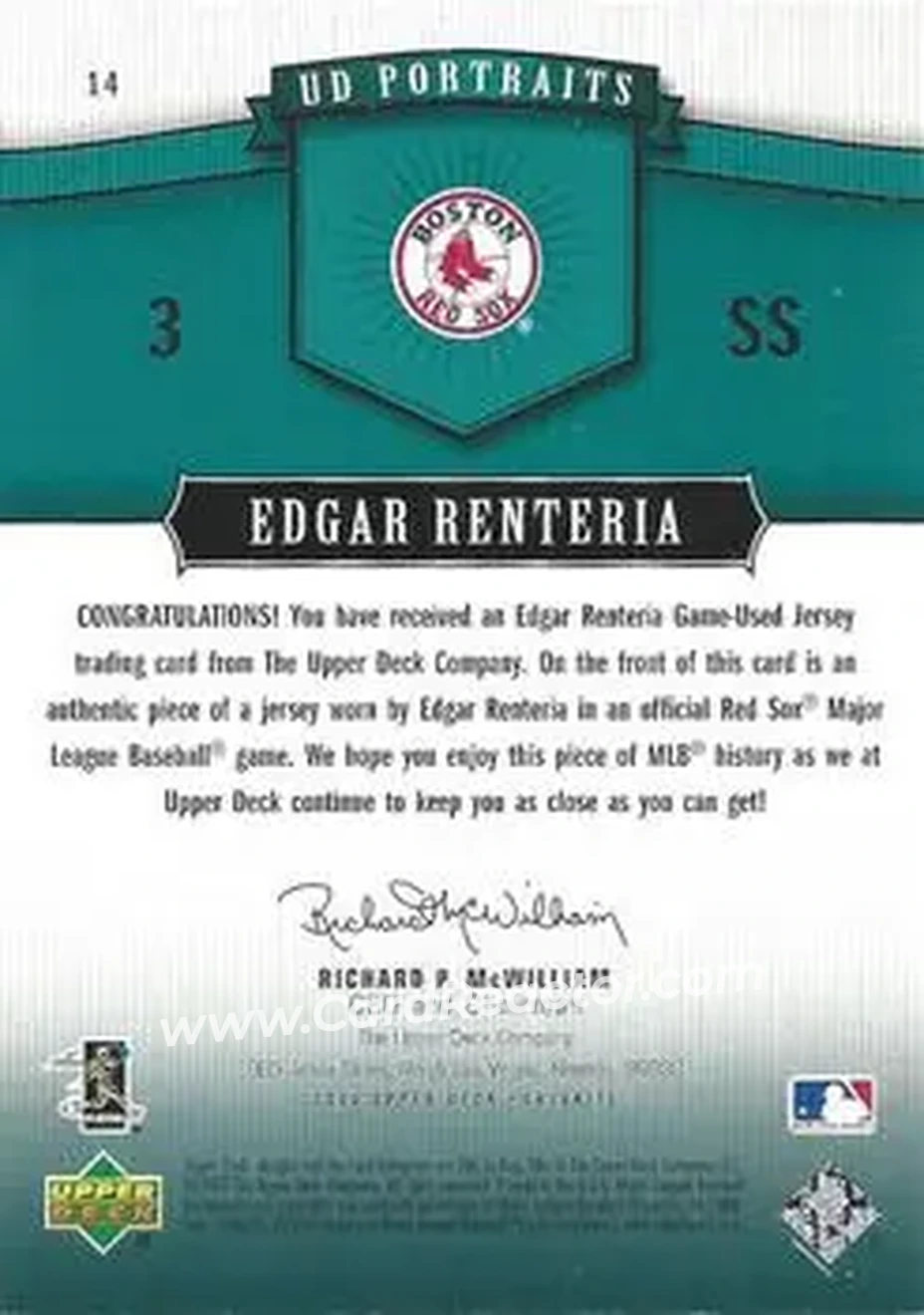 2005 Upper Deck Portraits - Jersey Emerald #14 - Edgar Renteria - Boston Red Sox - Back