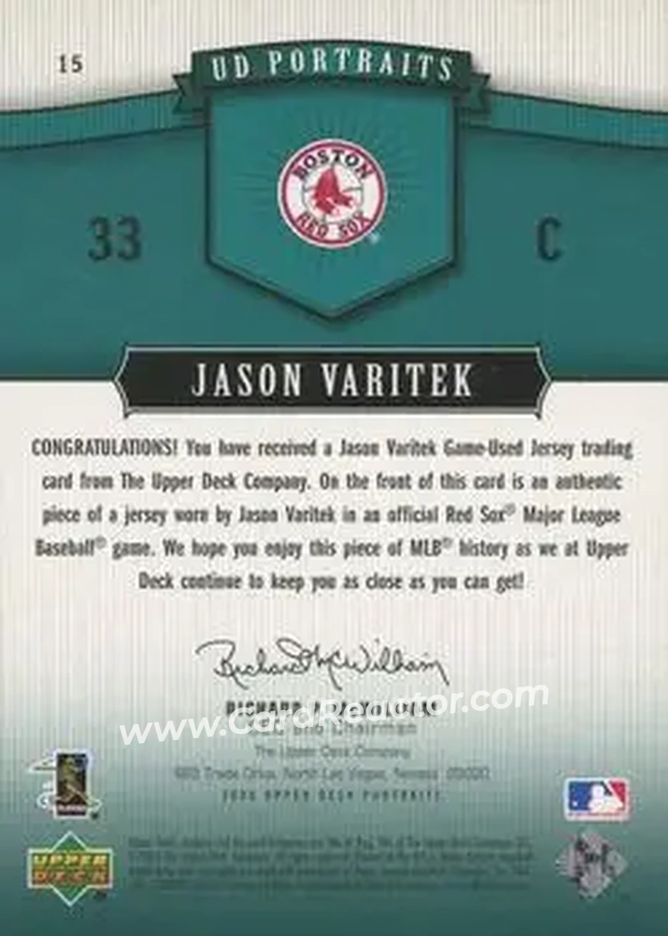 2005 Upper Deck Portraits - Jersey Emerald #15 - Jason Varitek - Boston Red Sox - Back