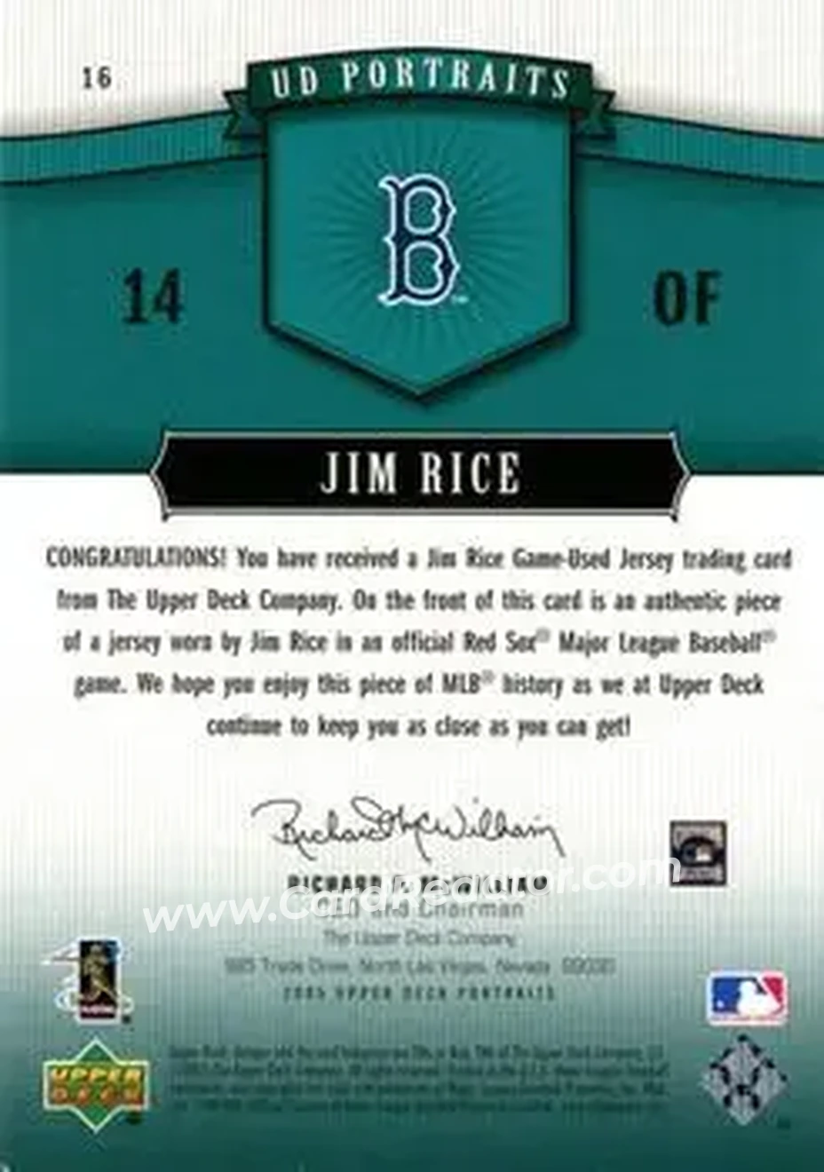 2005 Upper Deck Portraits - Jersey Emerald #16 - Jim Rice - Boston Red Sox - Back 2005 Upper Deck Portraits - Jersey Emerald #16 - Jim Rice - Boston Red Sox - Back