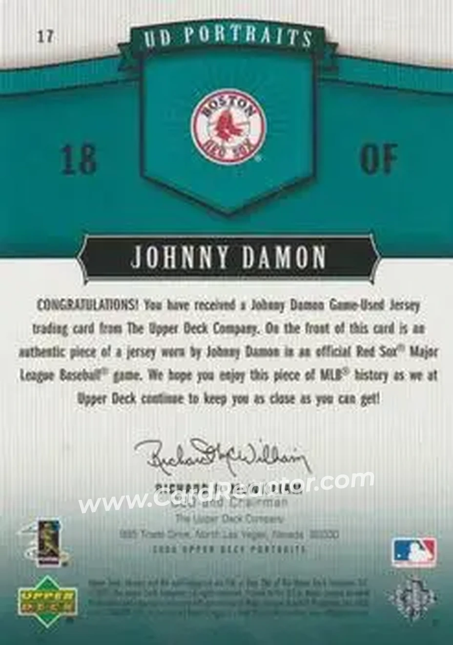 2005 Upper Deck Portraits - Jersey Emerald #17 - Johnny Damon - Boston Red Sox - Back