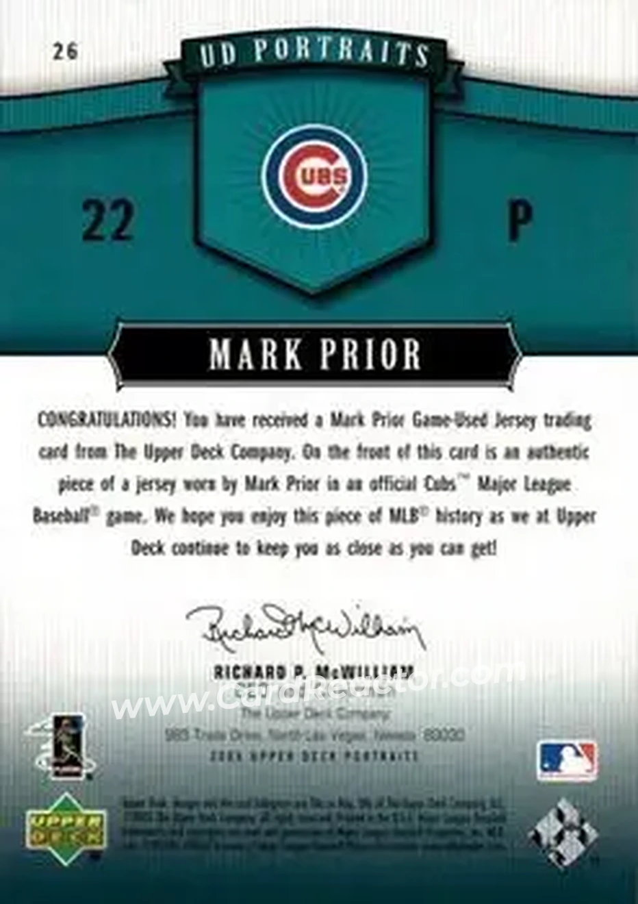 2005 Upper Deck Portraits - Jersey Emerald #26 - Mark Prior - Chicago Cubs - Back
