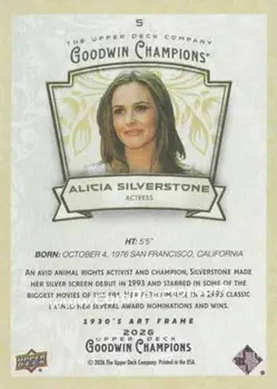 2026 Upper Deck Goodwin Champions - 1930s Art Frame Variants #5 - Alicia Silverstone - Back