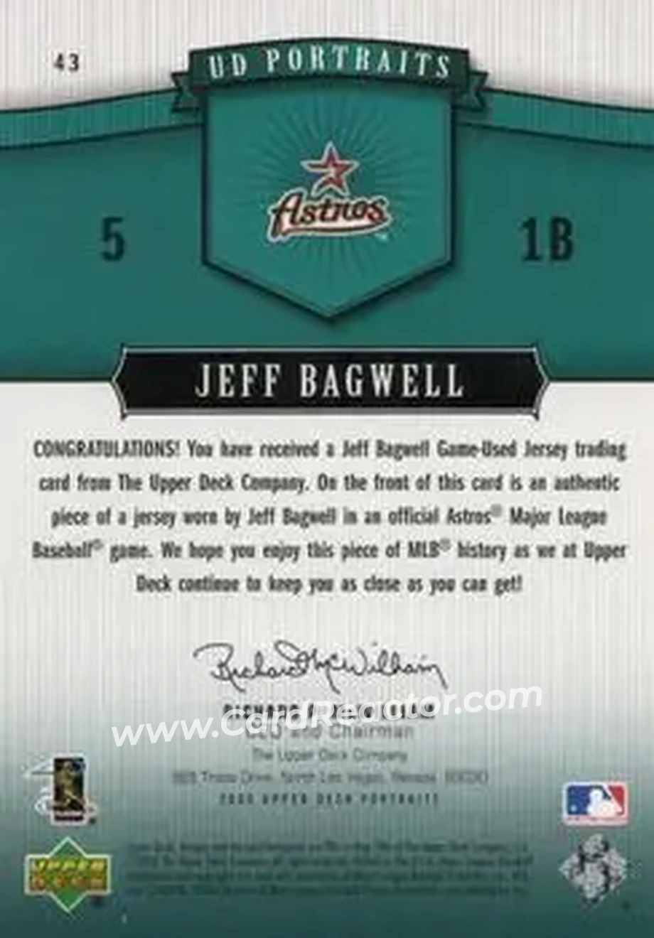 2005 Upper Deck Portraits - Jersey Emerald #43 - Jeff Bagwell - Houston Astros - Back