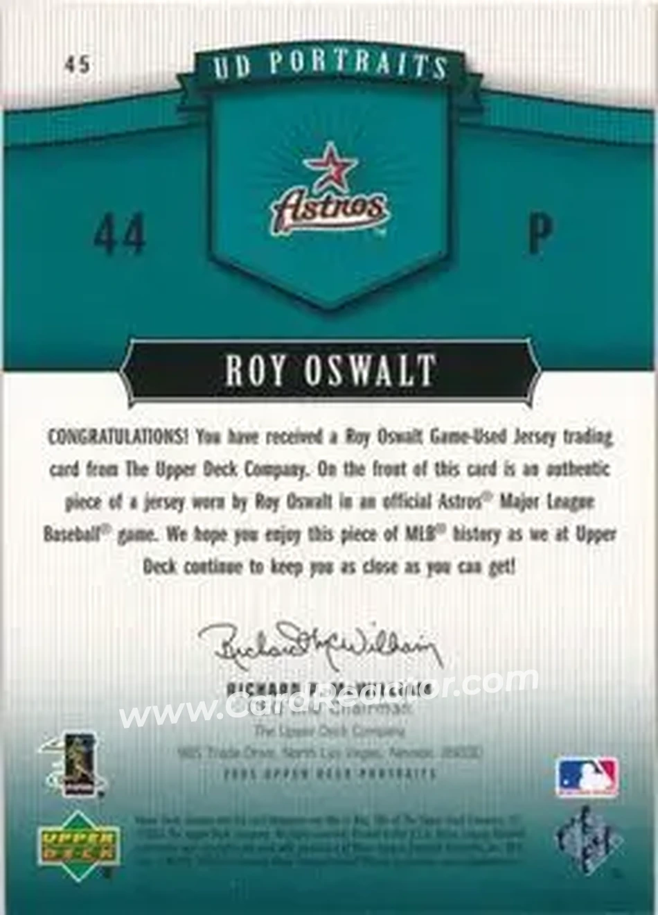 2005 Upper Deck Portraits - Jersey Emerald #45 - Roy Oswalt - Houston Astros - Back