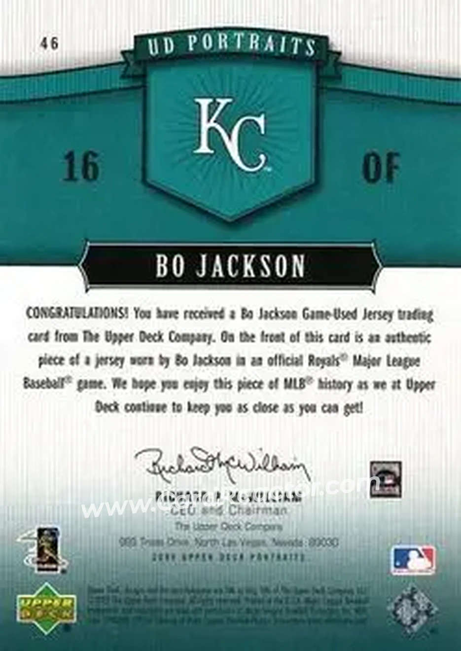 2005 Upper Deck Portraits - Jersey Emerald #46 - Bo Jackson - Kansas City Royals - Back