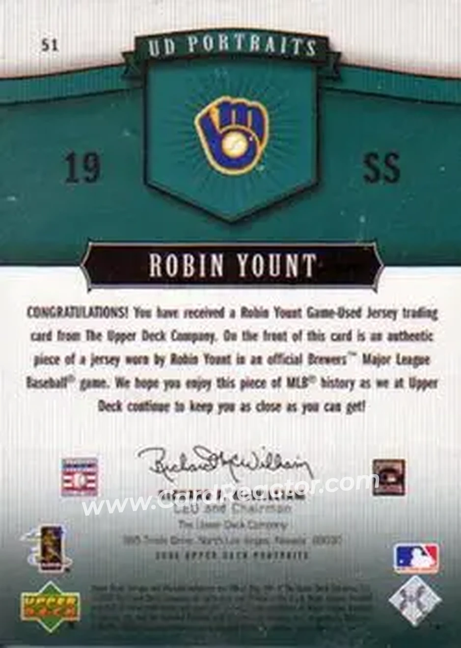 2005 Upper Deck Portraits - Jersey Emerald #51 - Robin Yount - Milwaukee Brewers - Back 2005 Upper Deck Portraits - Jersey Emerald #51 - Robin Yount - Milwaukee Brewers - Back