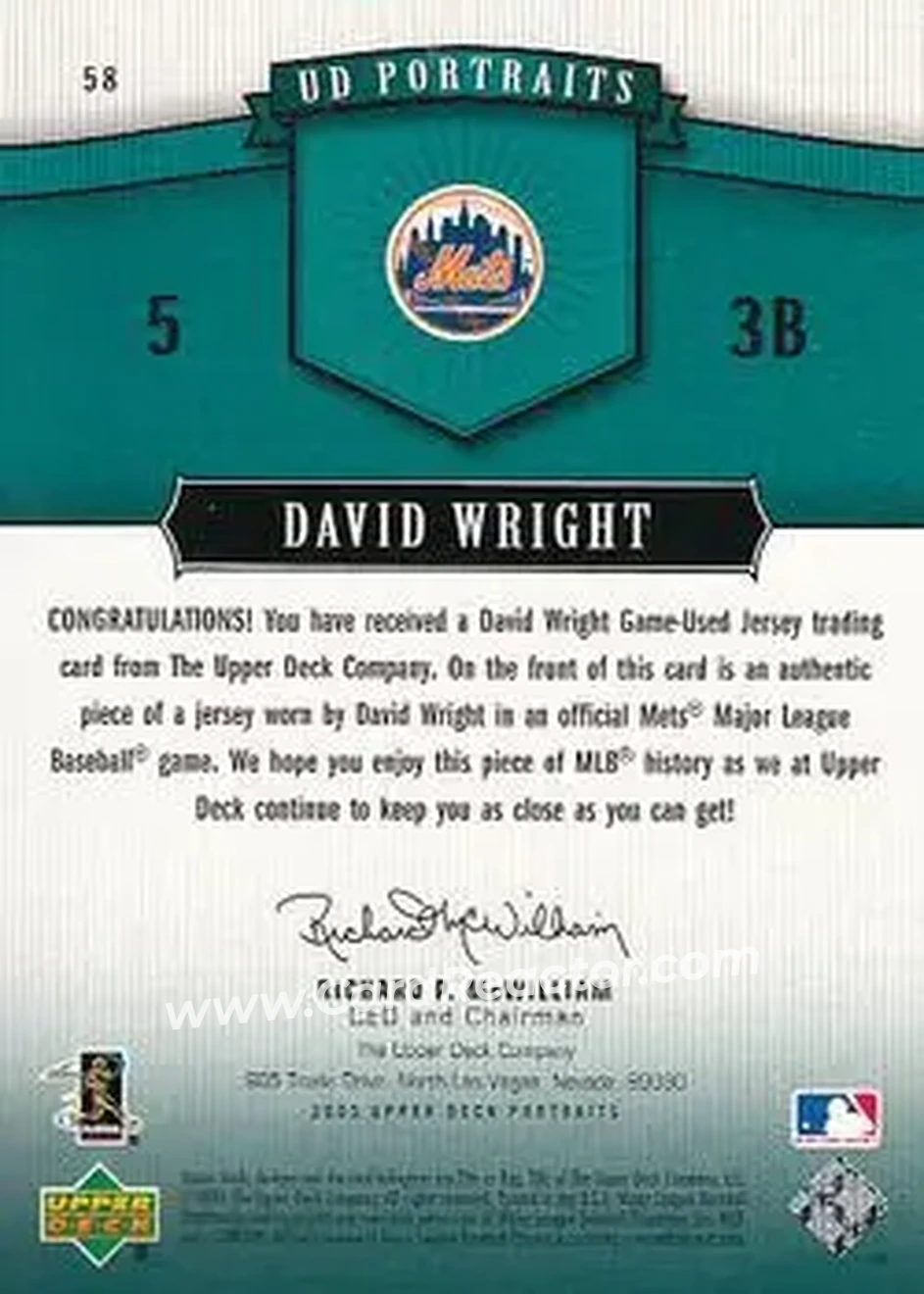 2005 Upper Deck Portraits - Jersey Emerald #58 - David Wright - New York Mets - Back