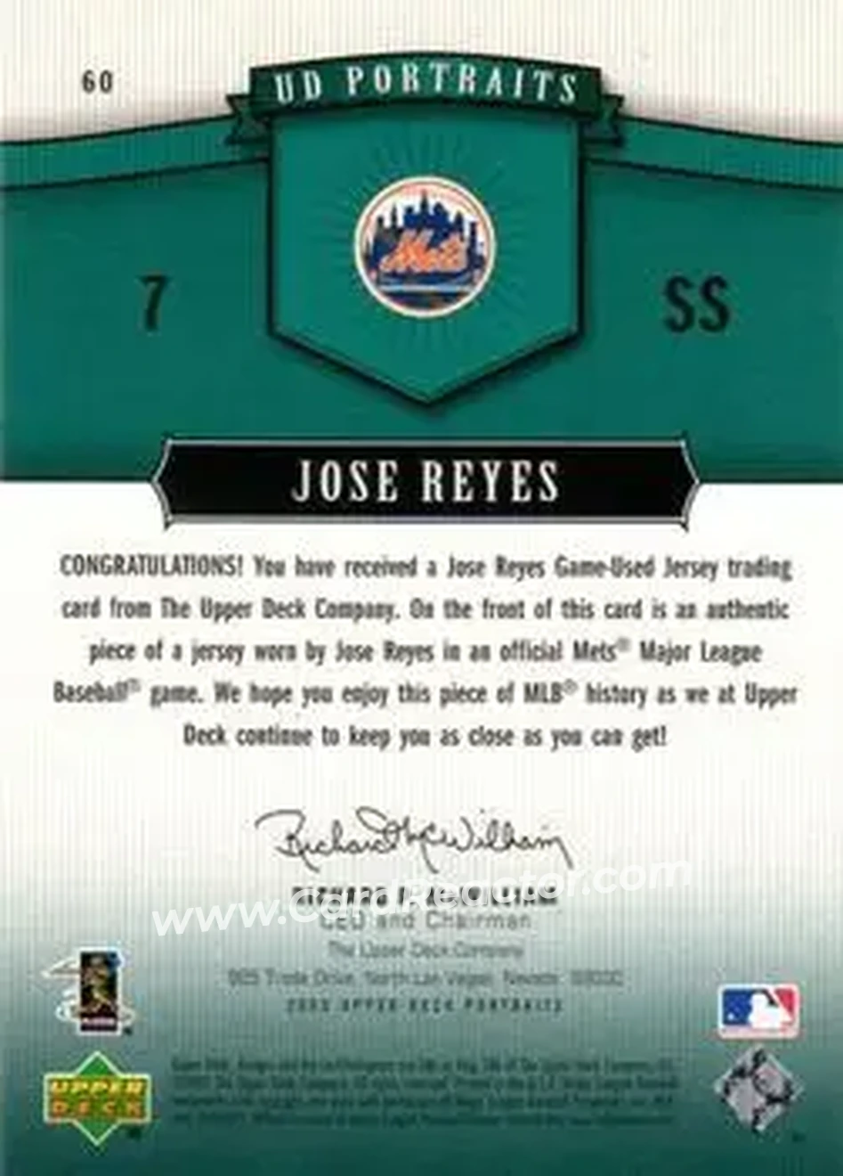 2005 Upper Deck Portraits - Jersey Emerald #60 - Jose Reyes - New York Mets - Back 2005 Upper Deck Portraits - Jersey Emerald #60 - Jose Reyes - New York Mets - Back