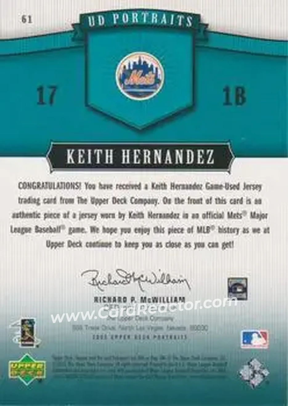 2005 Upper Deck Portraits - Jersey Emerald #61 - Keith Hernandez - New York Mets - Back 2005 Upper Deck Portraits - Jersey Emerald #61 - Keith Hernandez - New York Mets - Back