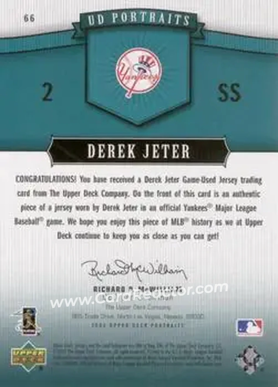2005 Upper Deck Portraits - Jersey Emerald #66 - Derek Jeter - New York Yankees - Back