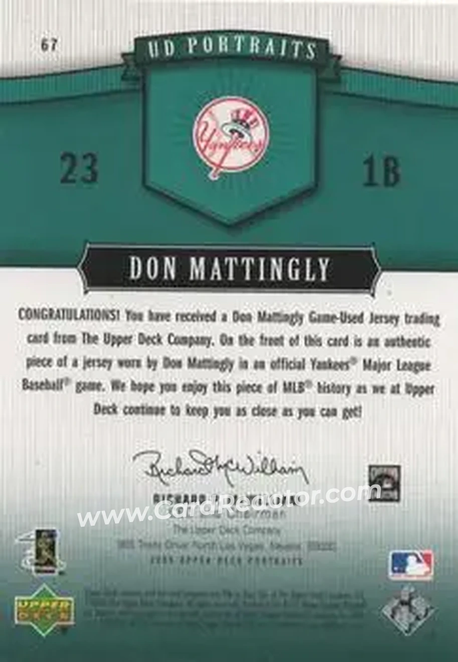 2005 Upper Deck Portraits - Jersey Emerald #67 - Don Mattingly - New York Yankees - Back