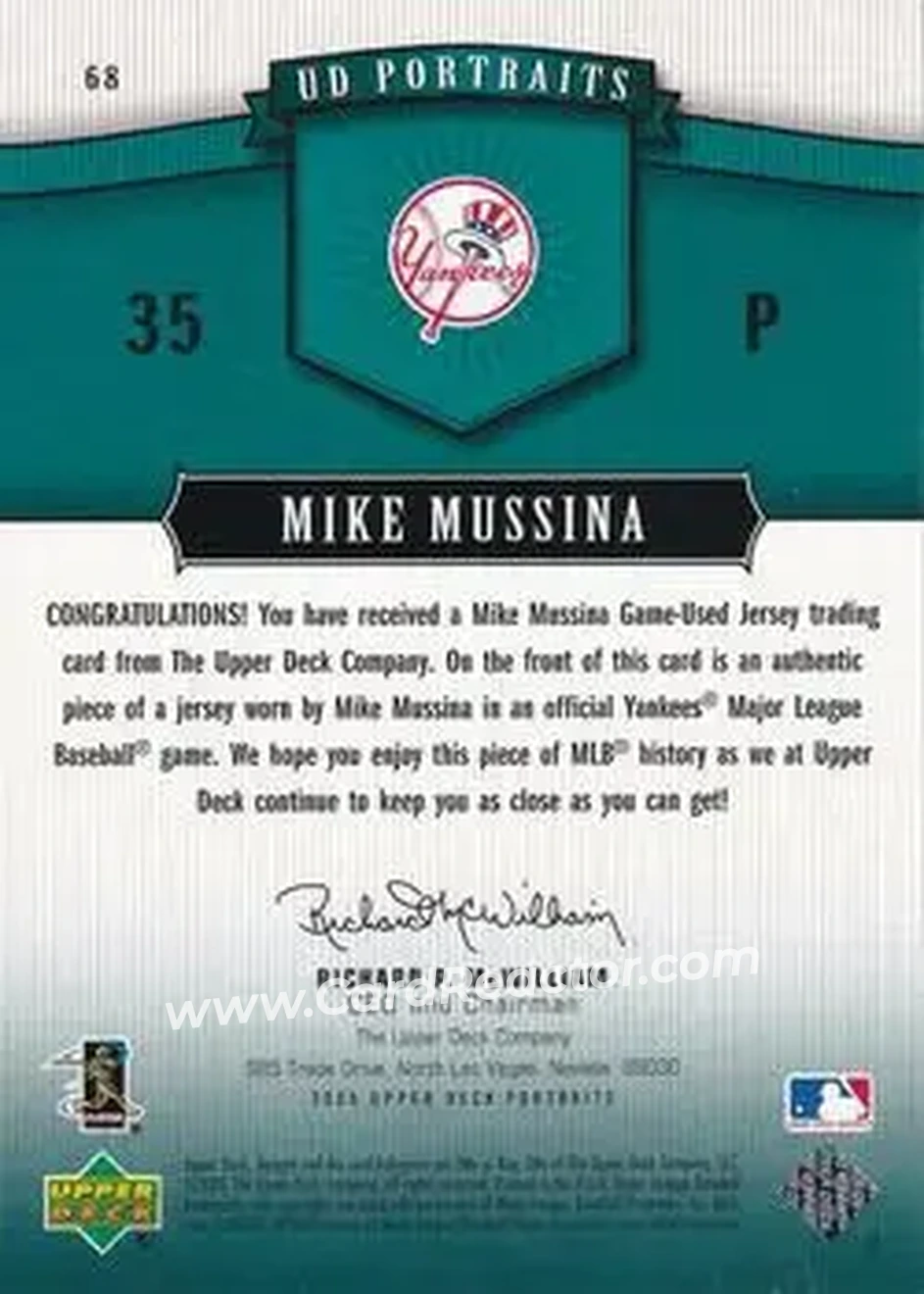 2005 Upper Deck Portraits - Jersey Emerald #68 - Mike Mussina - New York Yankees - Back