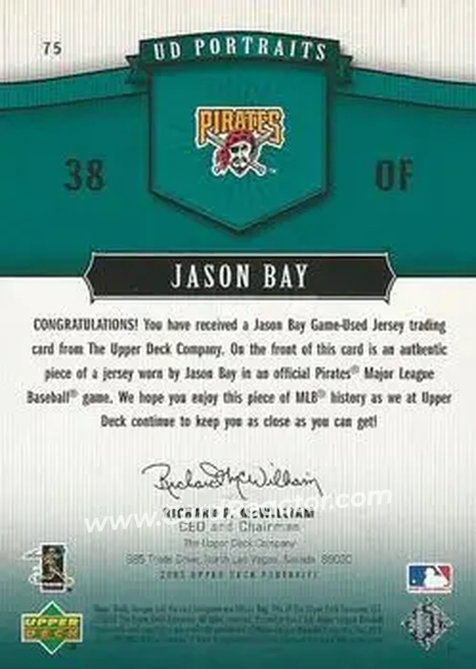 2005 Upper Deck Portraits - Jersey Emerald #75 - Jason Bay - Pittsburgh Pirates - Back 2005 Upper Deck Portraits - Jersey Emerald #75 - Jason Bay - Pittsburgh Pirates - Back