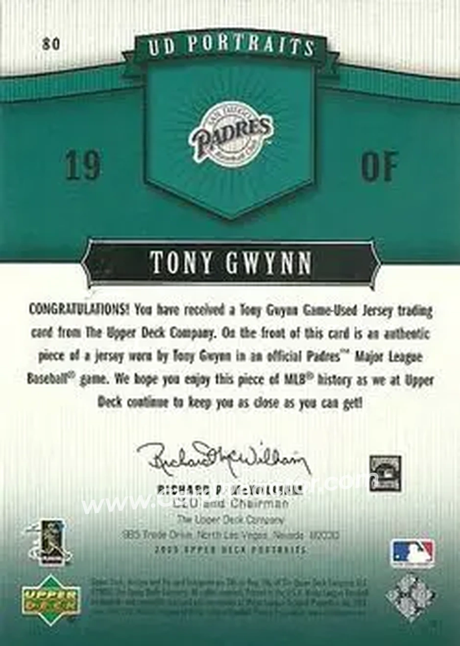 2005 Upper Deck Portraits - Jersey Emerald #80 - Tony Gwynn - San Diego Padres - Back