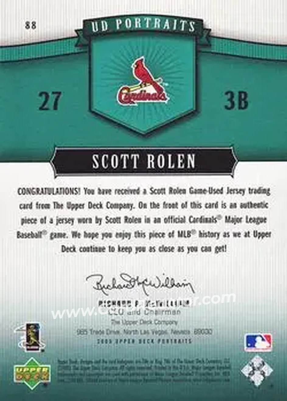 2005 Upper Deck Portraits - Jersey Emerald #88 - Scott Rolen - St. Louis Cardinals - Back 2005 Upper Deck Portraits - Jersey Emerald #88 - Scott Rolen - St. Louis Cardinals - Back