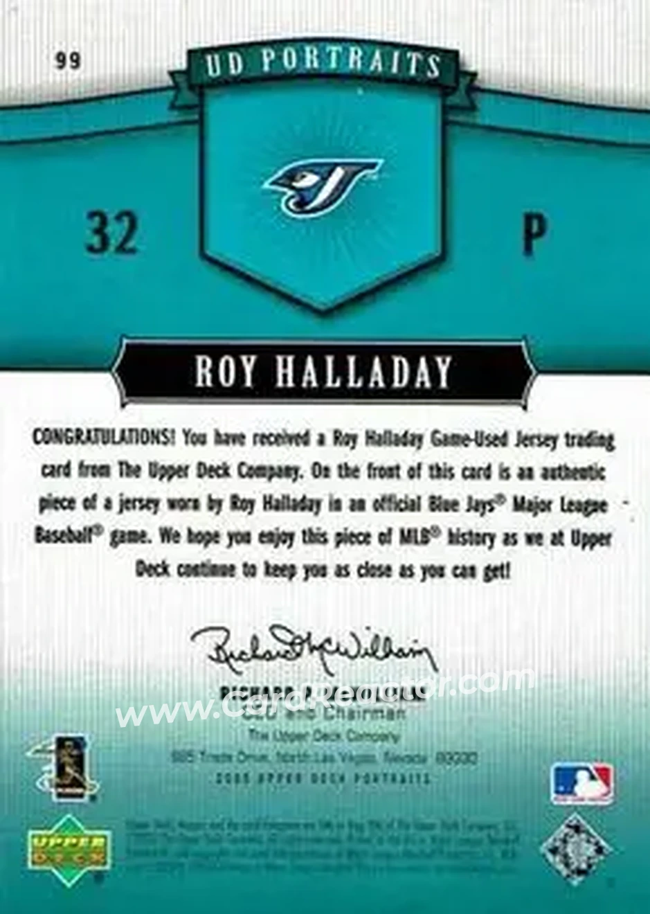 2005 Upper Deck Portraits - Jersey Emerald #99 - Roy Halladay - Toronto Blue Jays - Back