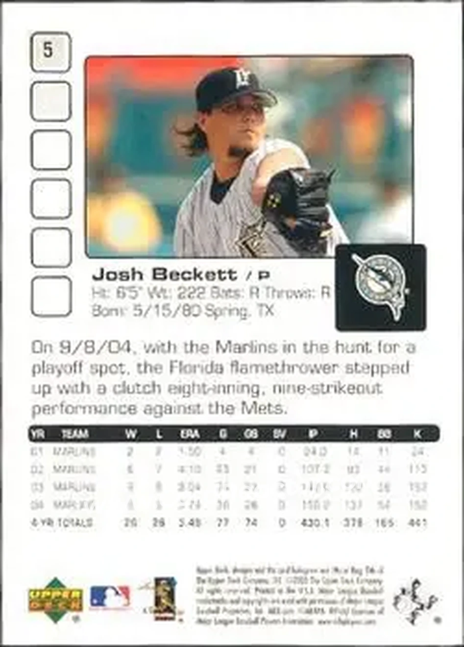 2005 Upper Deck Pros & Prospects #5 - Josh Beckett - Florida Marlins - Back