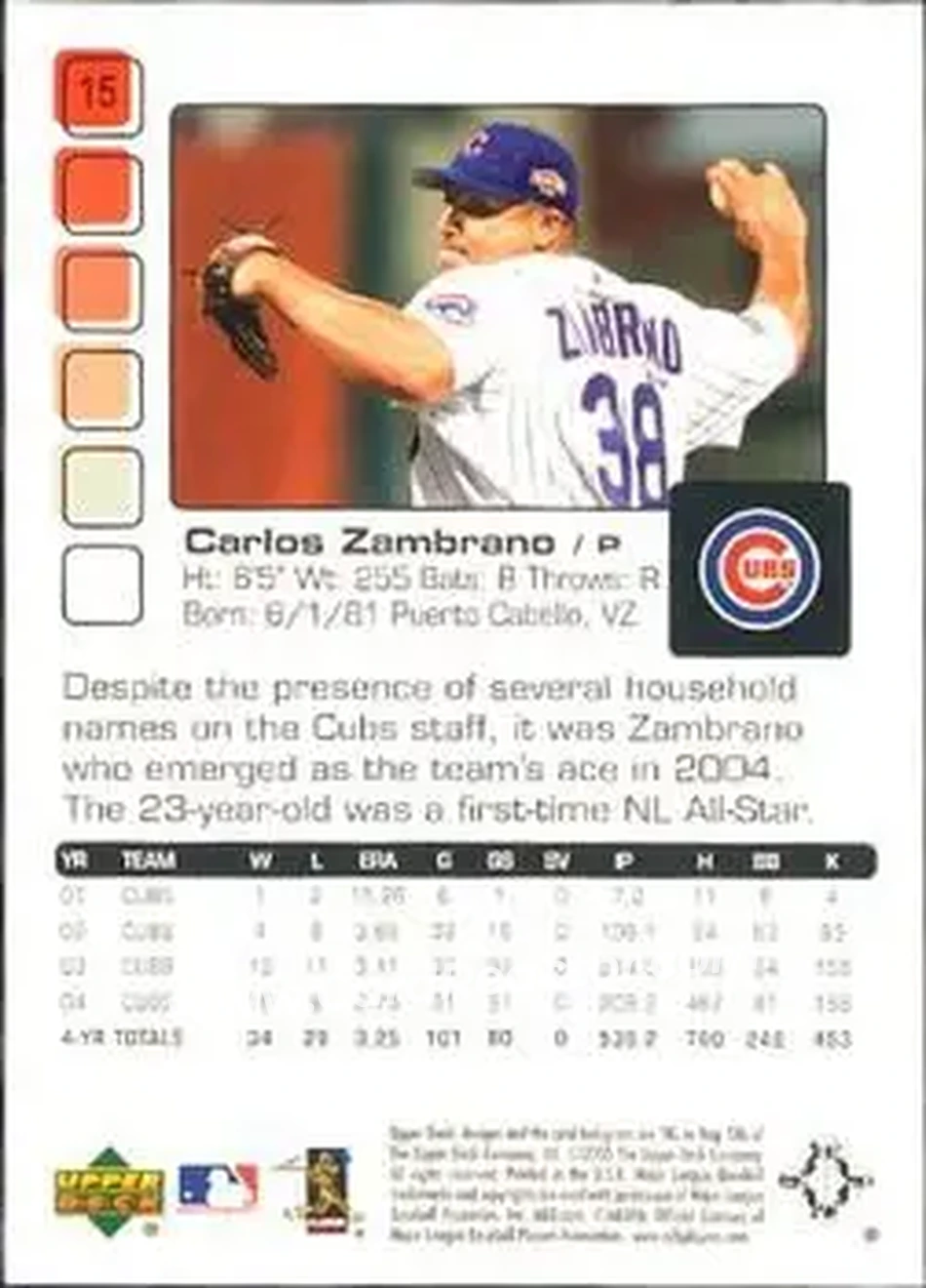 2005 Upper Deck Pros & Prospects #15 - Carlos Zambrano - Chicago Cubs - Back