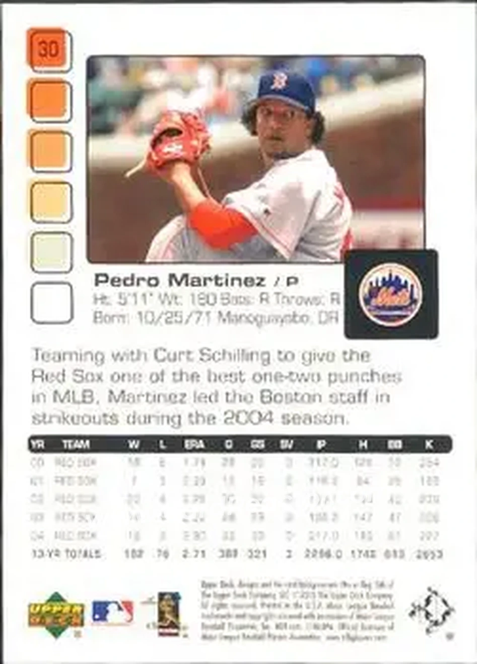 2005 Upper Deck Pros & Prospects #30 - Pedro Martinez - New York Mets - Back