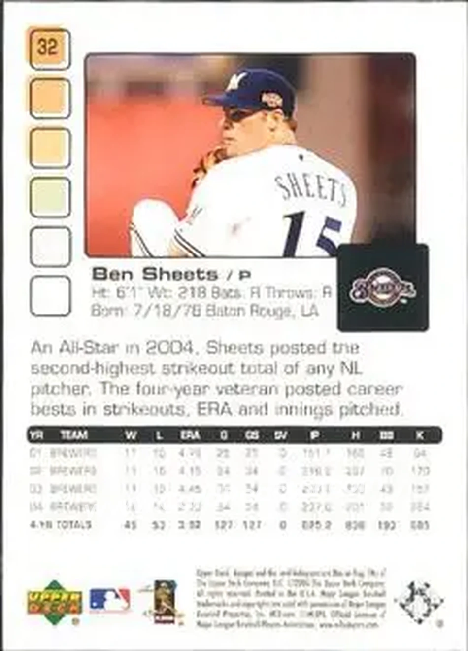 2005 Upper Deck Pros & Prospects #32 - Ben Sheets - Milwaukee Brewers - Back 2005 Upper Deck Pros & Prospects #32 - Ben Sheets - Milwaukee Brewers - Back