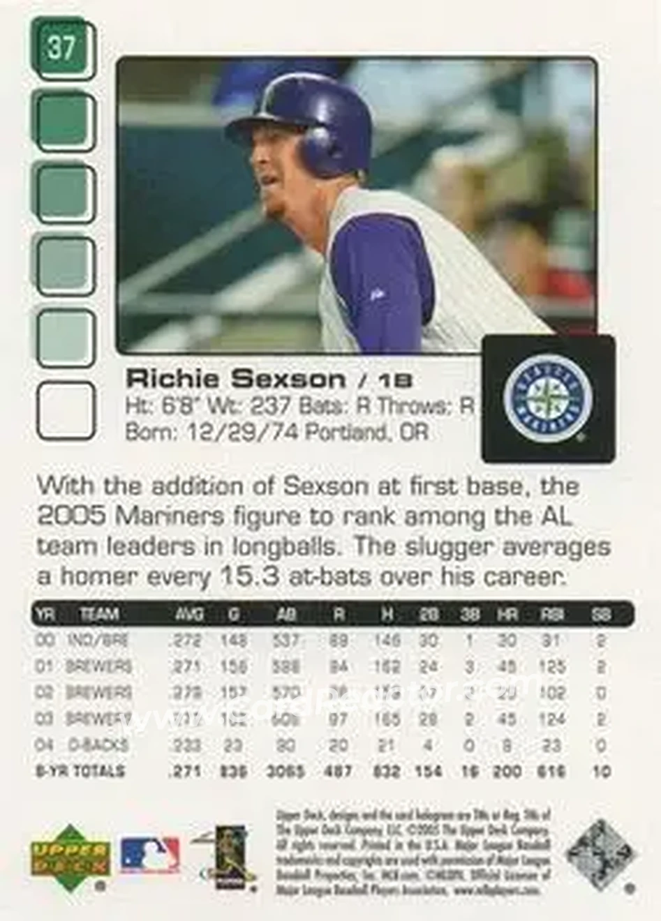 2005 Upper Deck Pros & Prospects #37 - Richie Sexson - Seattle Mariners - Back
