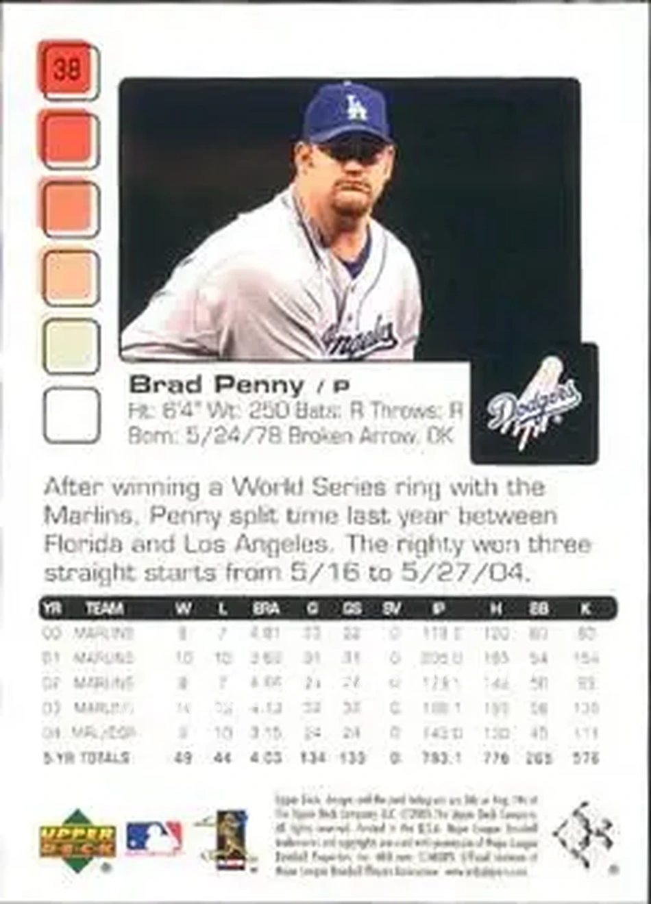 2005 Upper Deck Pros & Prospects #38 - Brad Penny - Los Angeles Dodgers - Back 2005 Upper Deck Pros & Prospects #38 - Brad Penny - Los Angeles Dodgers - Back