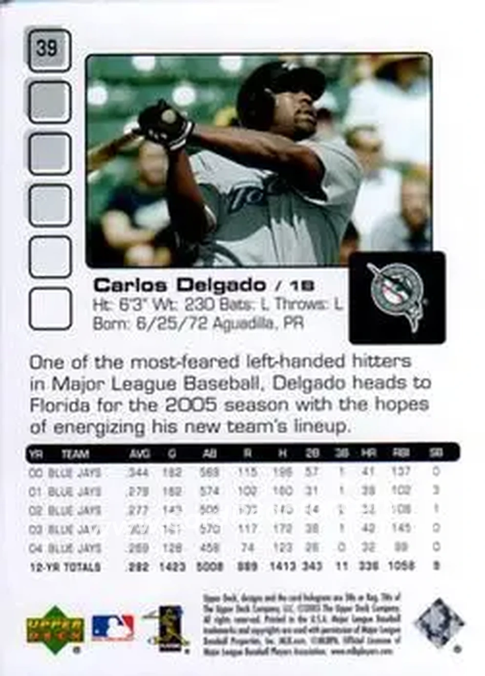 2005 Upper Deck Pros & Prospects #39 - Carlos Delgado - Florida Marlins - Back 2005 Upper Deck Pros & Prospects #39 - Carlos Delgado - Florida Marlins - Back
