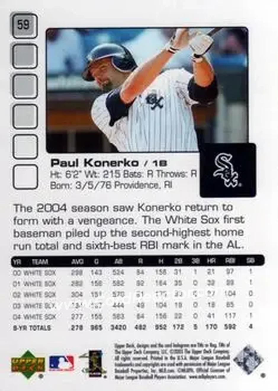 2005 Upper Deck Pros & Prospects #59 - Paul Konerko - Chicago White Sox - Back 2005 Upper Deck Pros & Prospects #59 - Paul Konerko - Chicago White Sox - Back