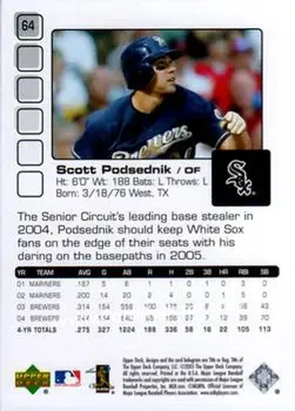 2005 Upper Deck Pros & Prospects #64 - Scott Podsednik - Chicago White Sox - Back 2005 Upper Deck Pros & Prospects #64 - Scott Podsednik - Chicago White Sox - Back