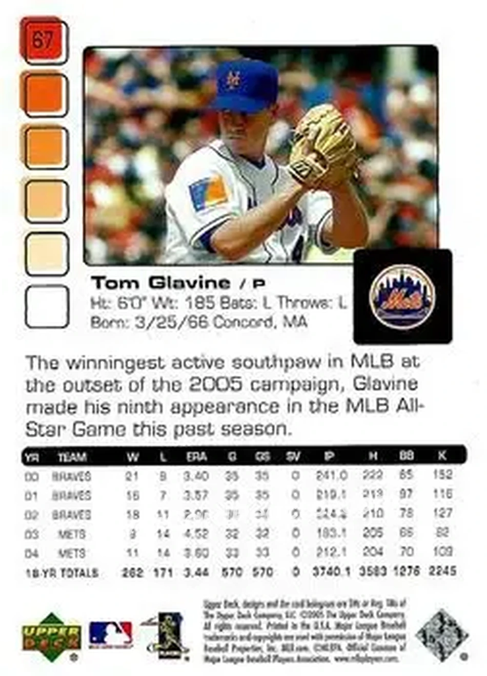 2005 Upper Deck Pros & Prospects #67 - Tom Glavine - New York Mets - Back