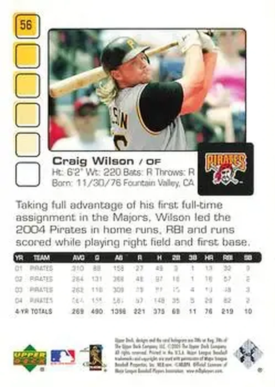 2005 Upper Deck Pros & Prospects #56 - Craig Wilson - Pittsburgh Pirates - Back