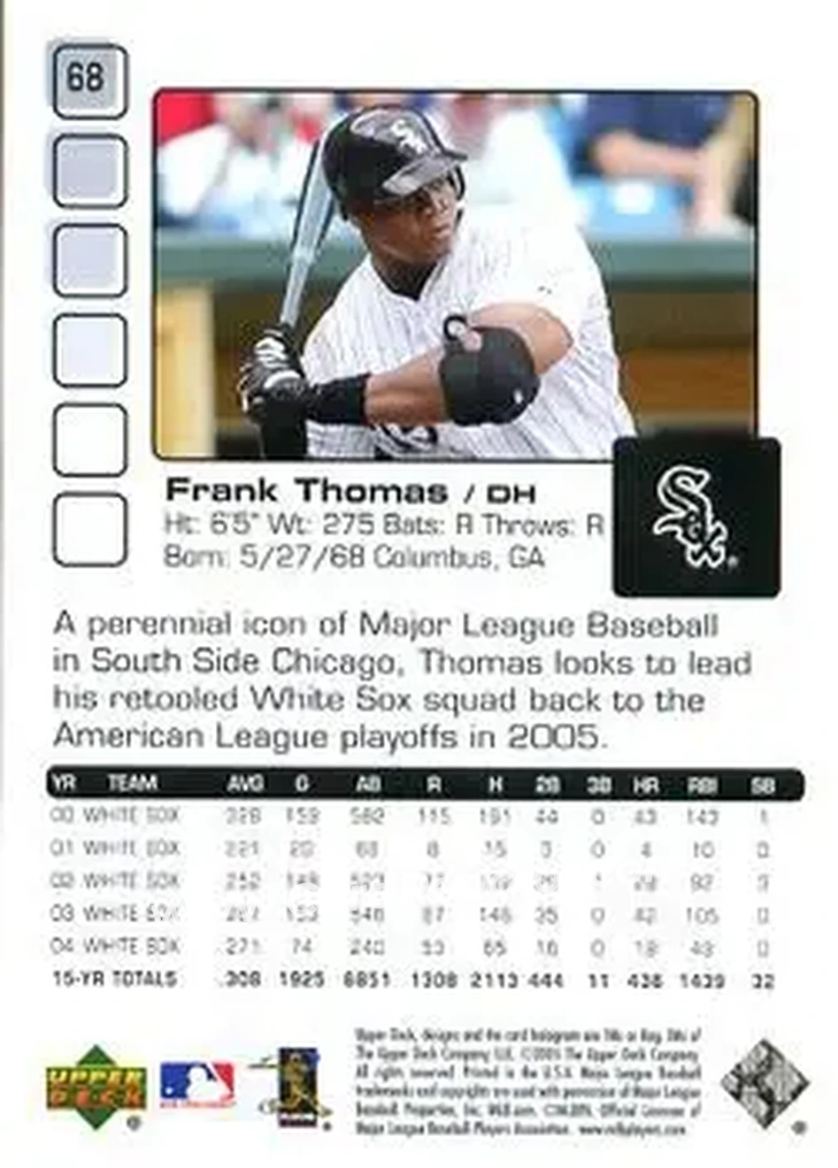2005 Upper Deck Pros & Prospects #68 - Frank Thomas - Chicago White Sox - Back