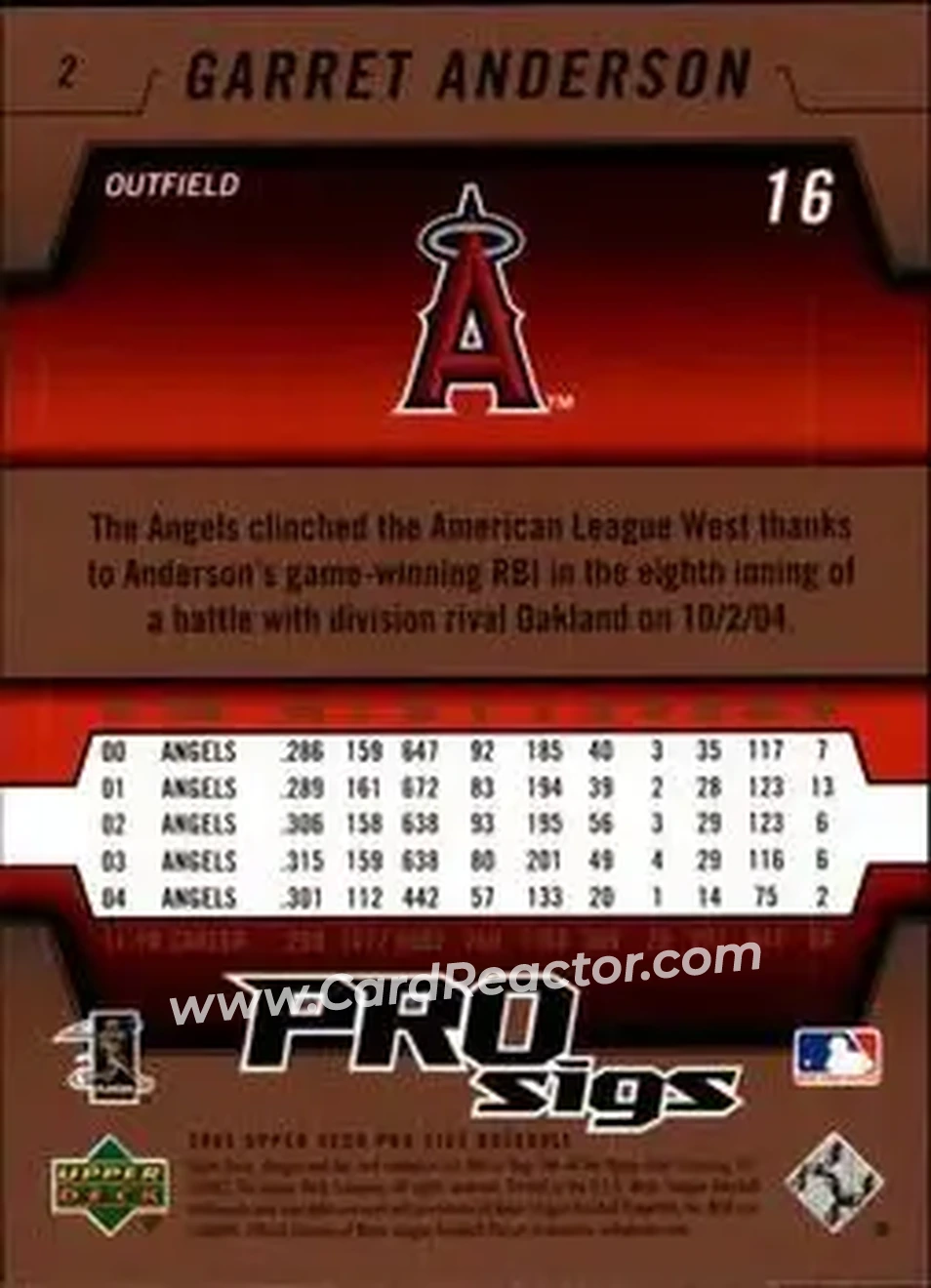 2005 Upper Deck Pro Sigs #2 - Garret Anderson - Los Angeles Angels - Back 2005 Upper Deck Pro Sigs #2 - Garret Anderson - Los Angeles Angels - Back