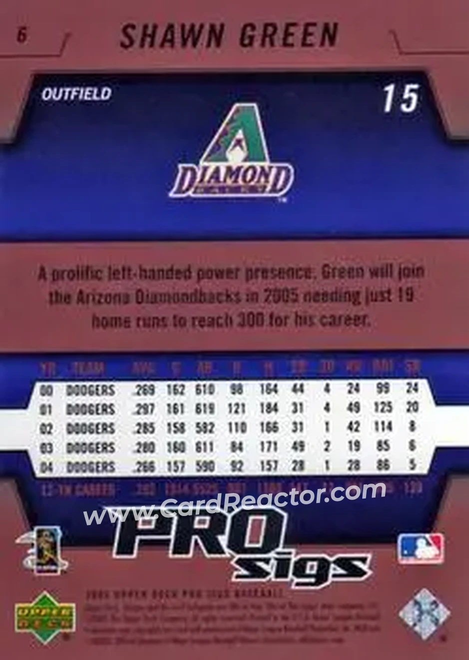 2005 Upper Deck Pro Sigs #6 - Shawn Green - Arizona Diamondbacks - Back 2005 Upper Deck Pro Sigs #6 - Shawn Green - Arizona Diamondbacks - Back