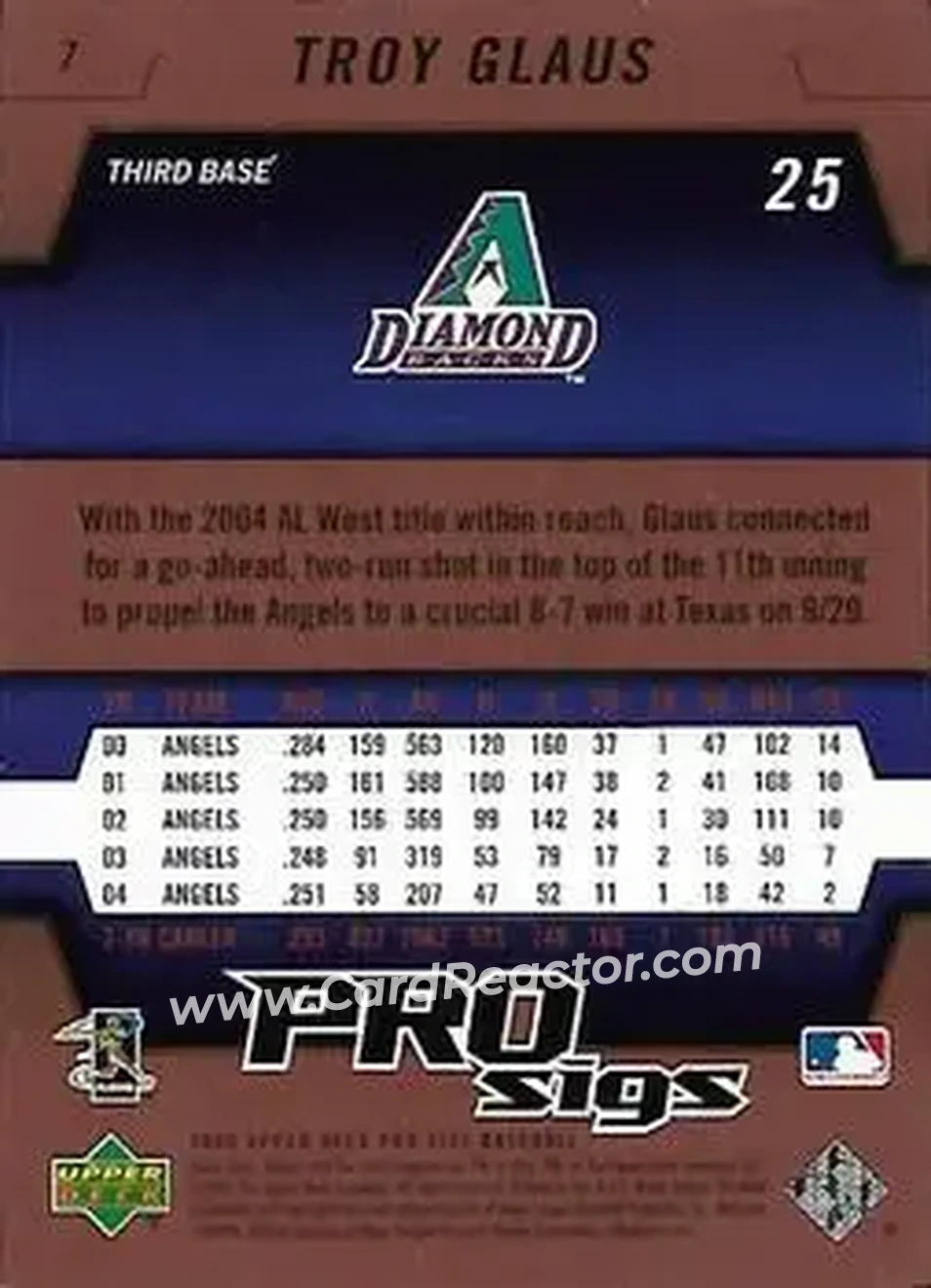 2005 Upper Deck Pro Sigs #7 - Troy Glaus - Arizona Diamondbacks - Back