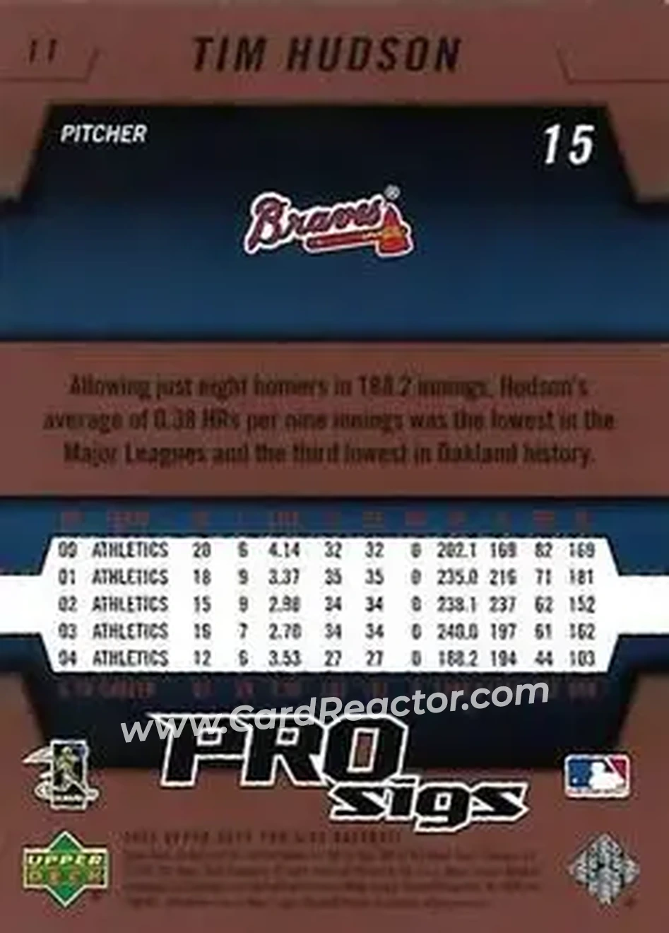 2005 Upper Deck Pro Sigs #11 - Tim Hudson - Atlanta Braves - Back 2005 Upper Deck Pro Sigs #11 - Tim Hudson - Atlanta Braves - Back