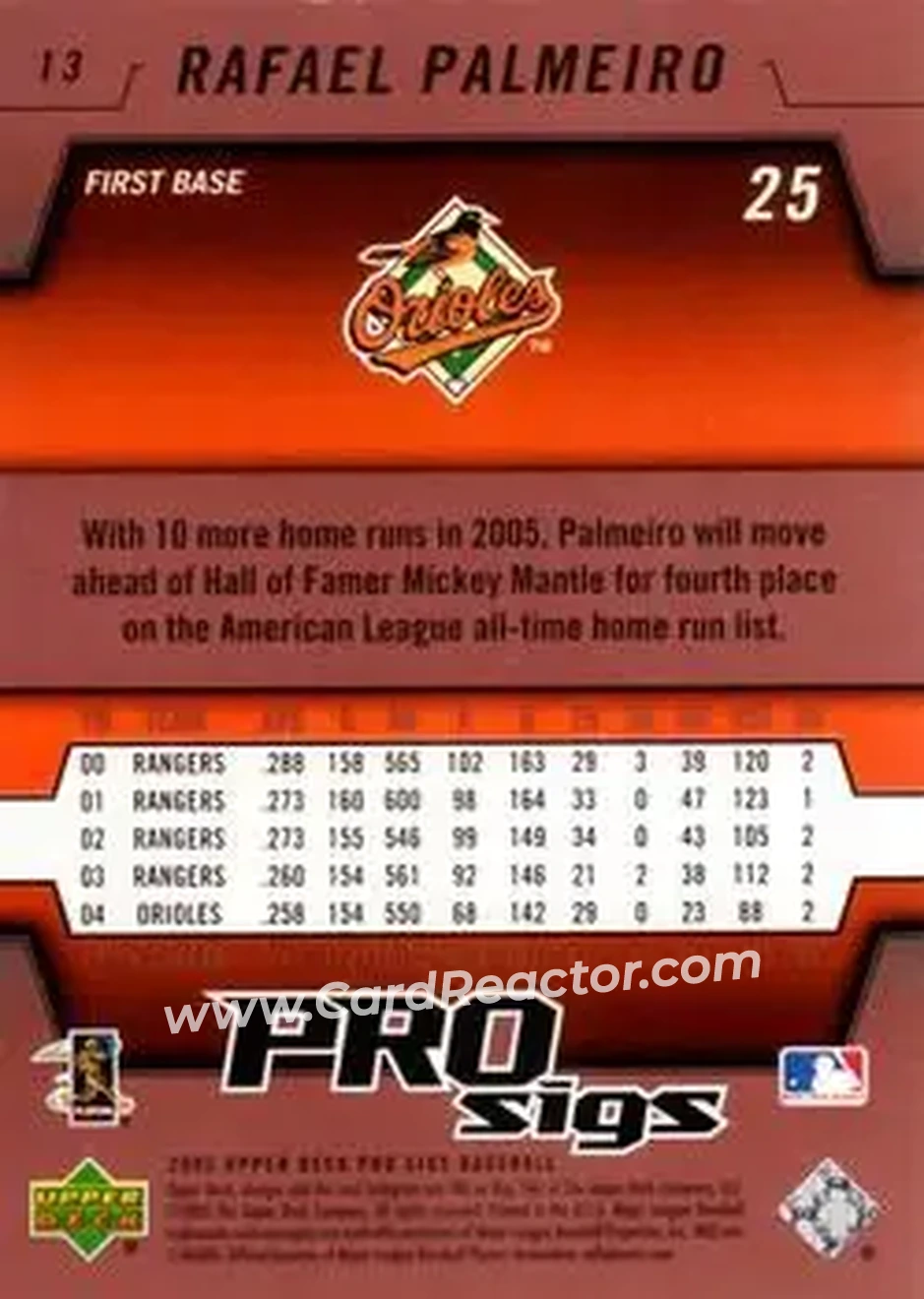 2005 Upper Deck Pro Sigs #13 - Rafael Palmeiro - Baltimore Orioles - Back 2005 Upper Deck Pro Sigs #13 - Rafael Palmeiro - Baltimore Orioles - Back
