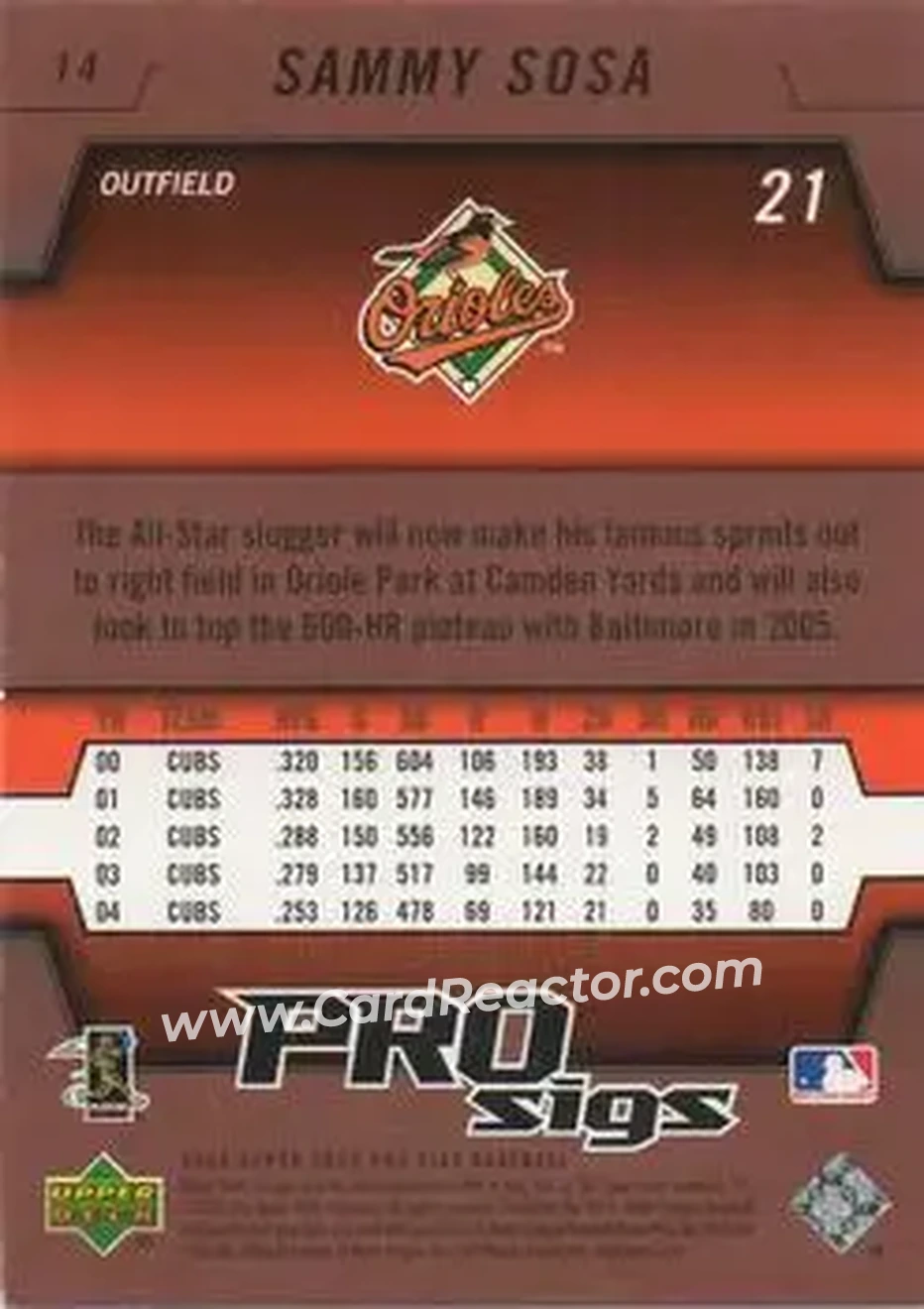 2005 Upper Deck Pro Sigs #14 - Sammy Sosa - Baltimore Orioles - Back 2005 Upper Deck Pro Sigs #14 - Sammy Sosa - Baltimore Orioles - Back