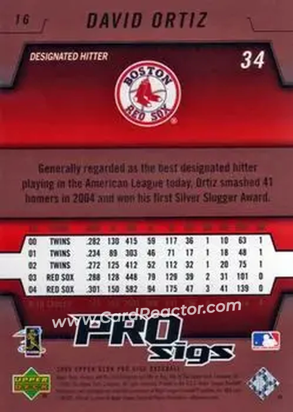 2005 Upper Deck Pro Sigs #16 - David Ortiz - Boston Red Sox - Back 2005 Upper Deck Pro Sigs #16 - David Ortiz - Boston Red Sox - Back