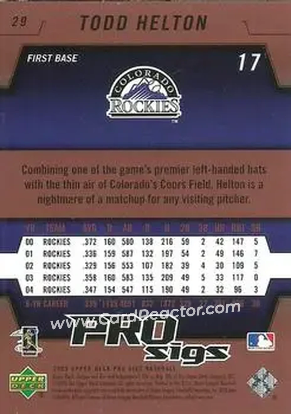 2005 Upper Deck Pro Sigs #29 - Todd Helton - Colorado Rockies - Back