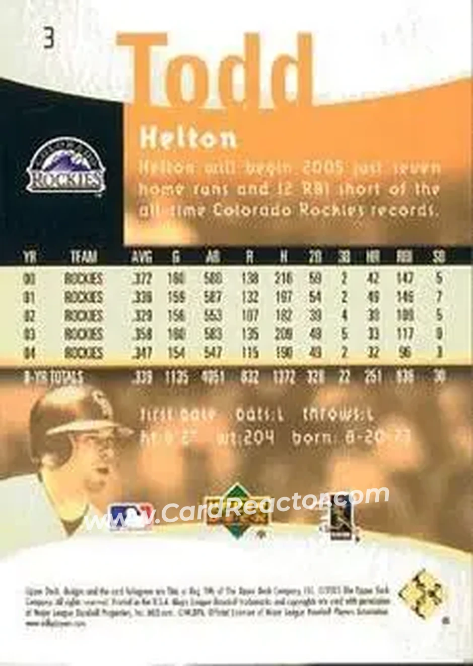 2005 Upper Deck Reflections #3 - Todd Helton - Colorado Rockies - Back 2005 Upper Deck Reflections #3 - Todd Helton - Colorado Rockies - Back